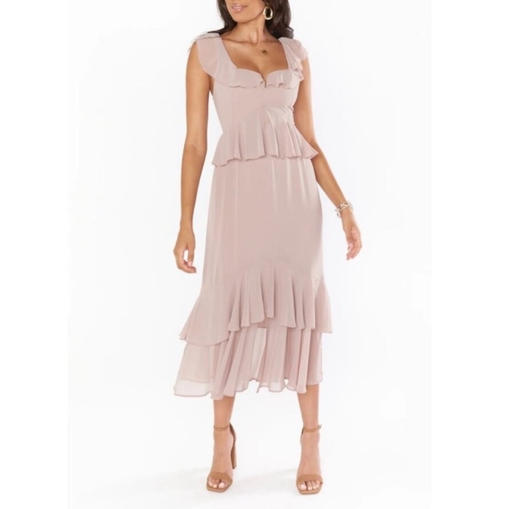 Show Me Your Mumu Reese Ruffle Midi Dress Soft Beige Chiffon Sz S NWT Bridesmaid